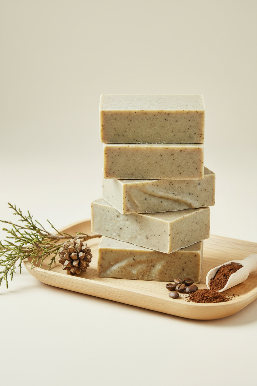 Stack of natural soap bars on a wooden tray with coffee beans and a pine branch.