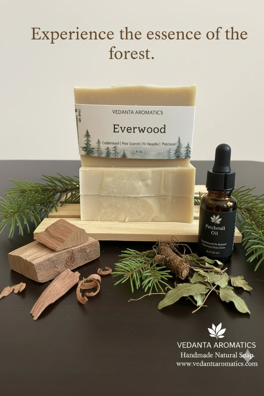 Vedanta Aromatics Everwood soap with natural elements on a dark surface