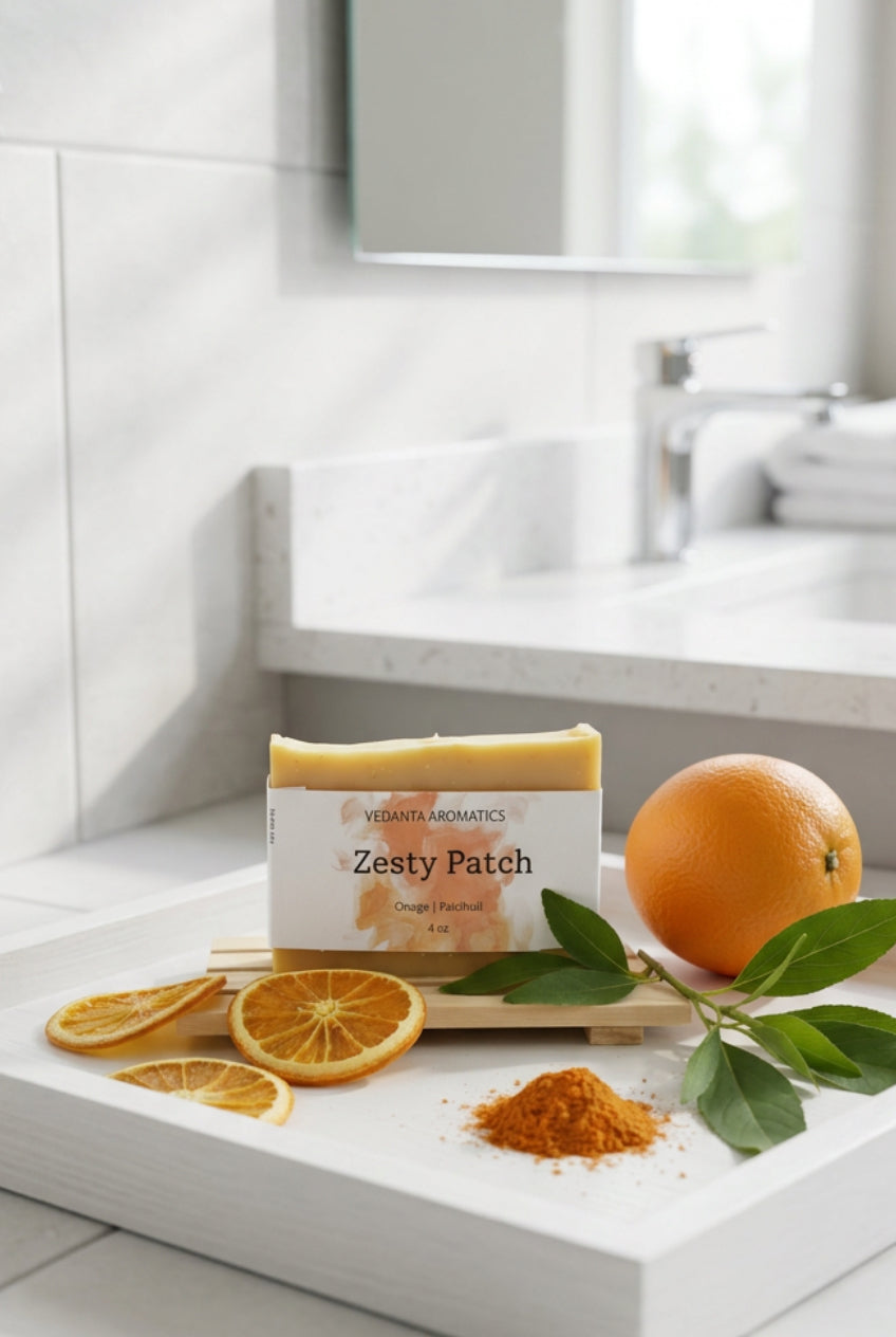 Vedanta Aromatics Zesty Patch soap bar with dried oranges and orange peel on a white surface.