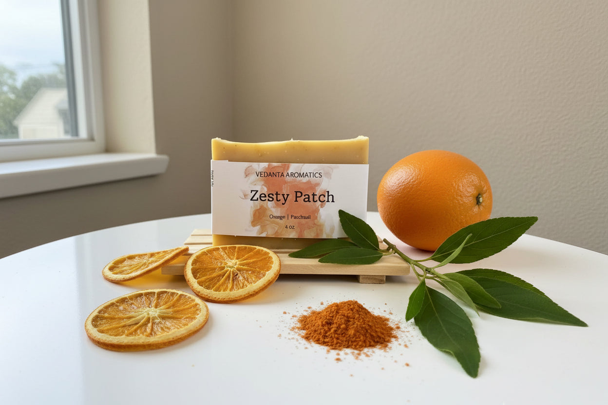 Vedanta Aromatics Zesty Patch soap bar with dried oranges and orange peel on a white surface.